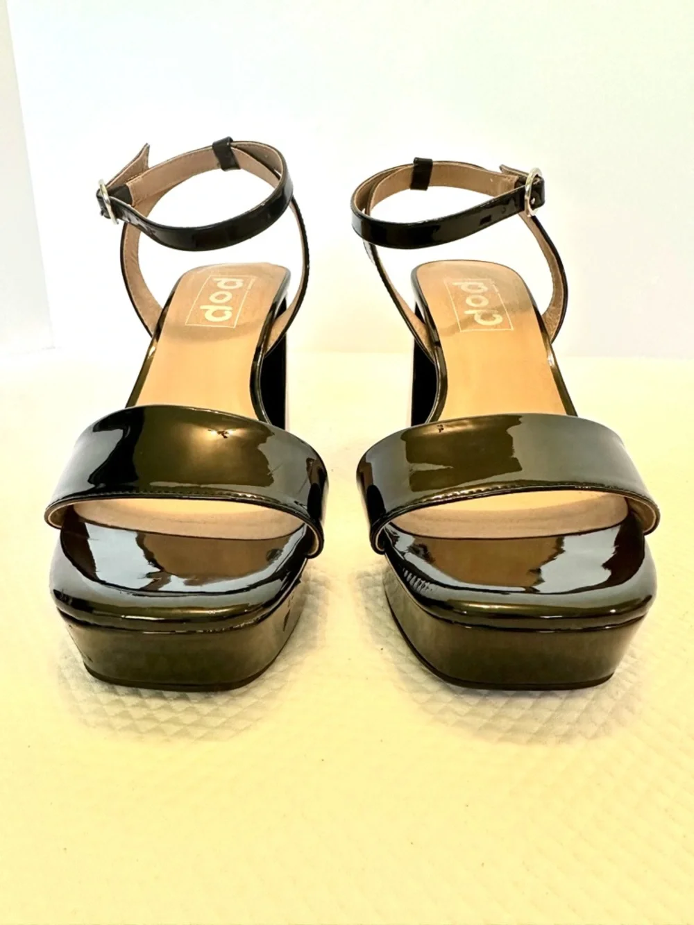 POP Black Patent Platform Block Heel Sandals with Wrap Ankle Strap Grad Party